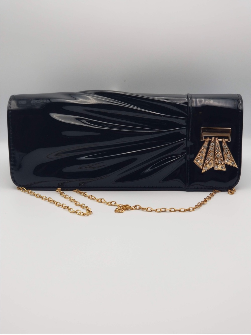 Elegant Black Patent Clutch with Gold Chain and Crystal Accent